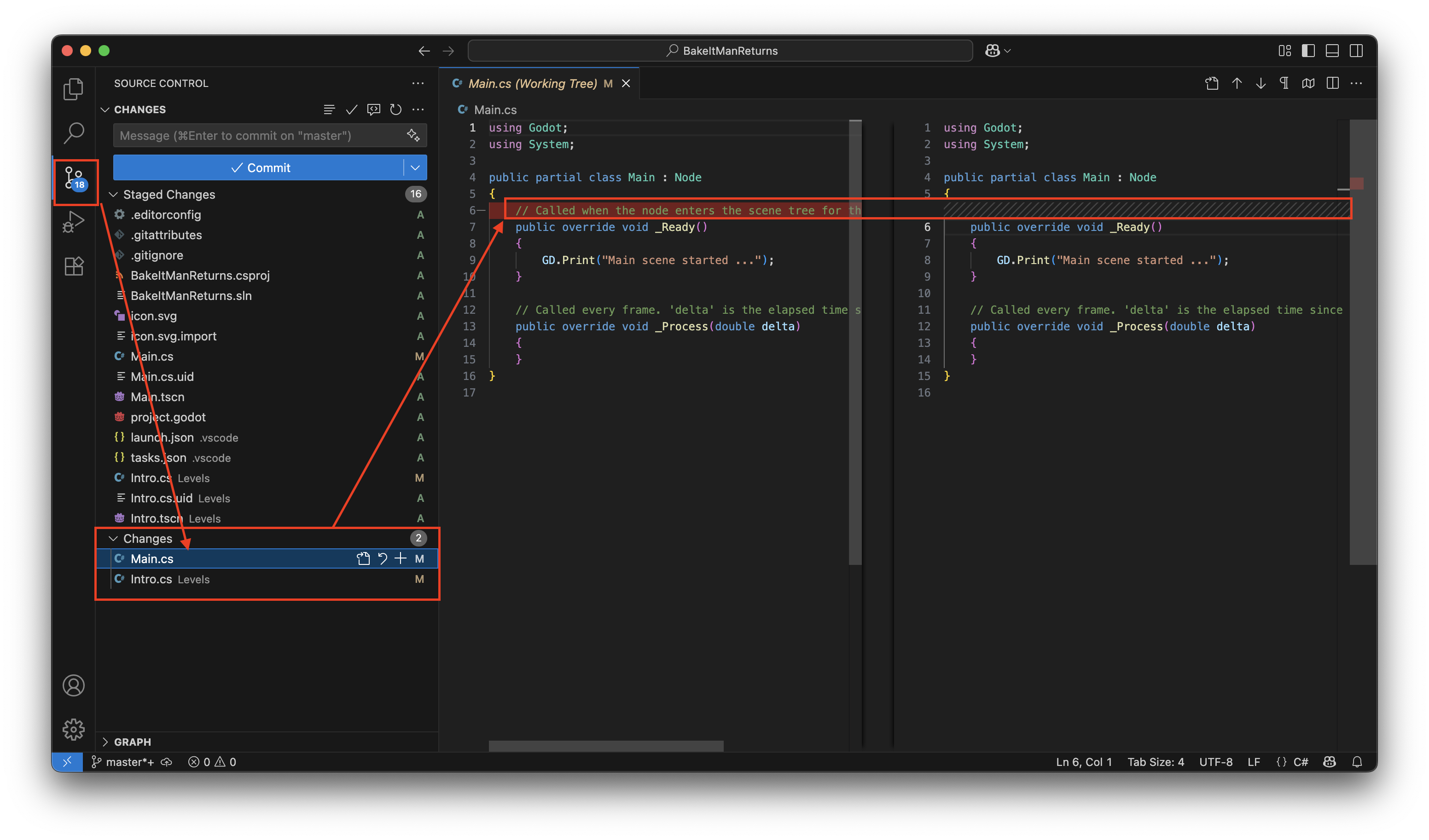 VSCode compare staged vs unstaged