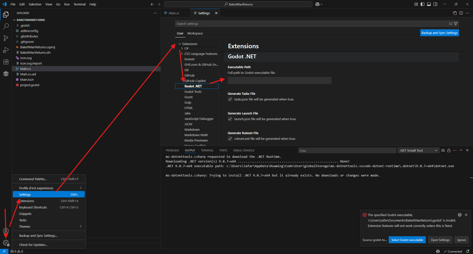 Godot settings exe file path