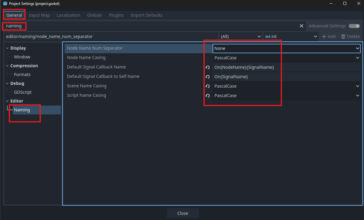 Project naming settings